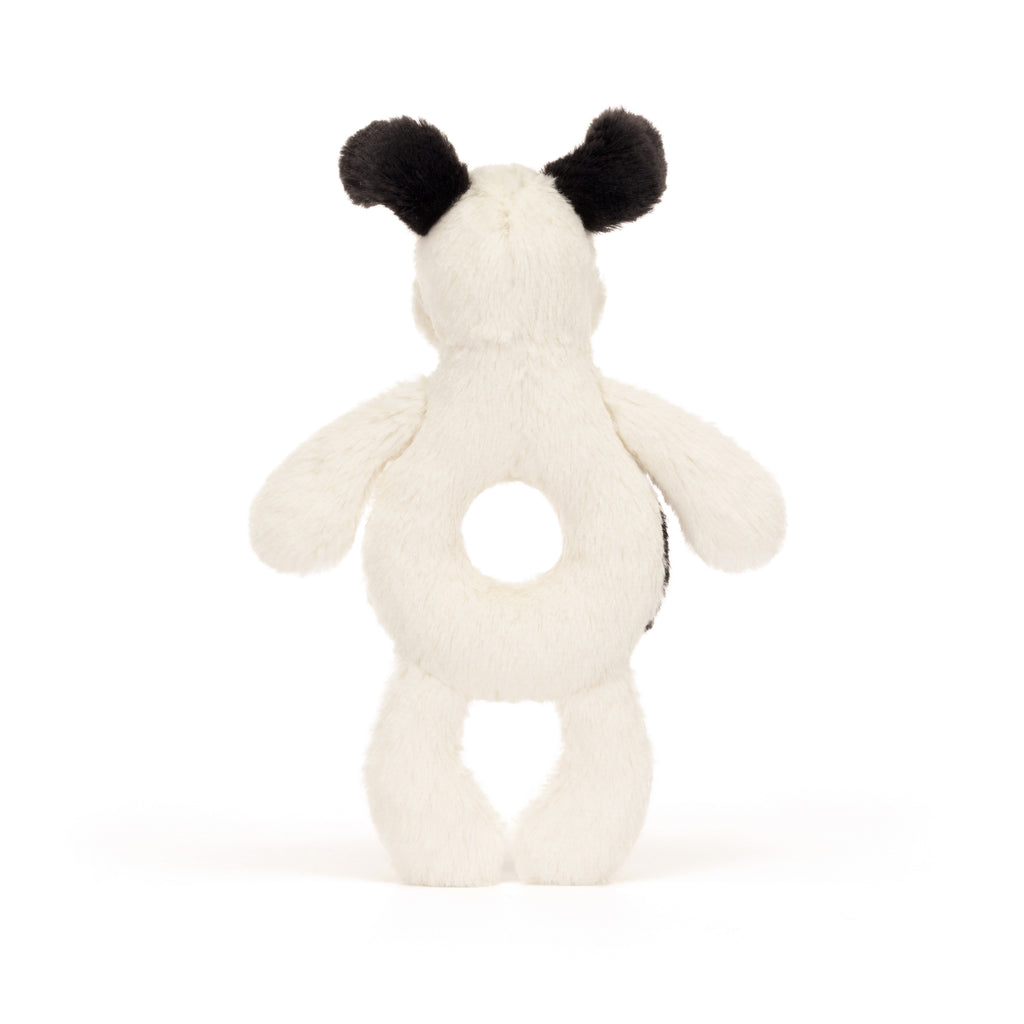 Back of Bashful Black and Cream Puppy Ring Rattle.