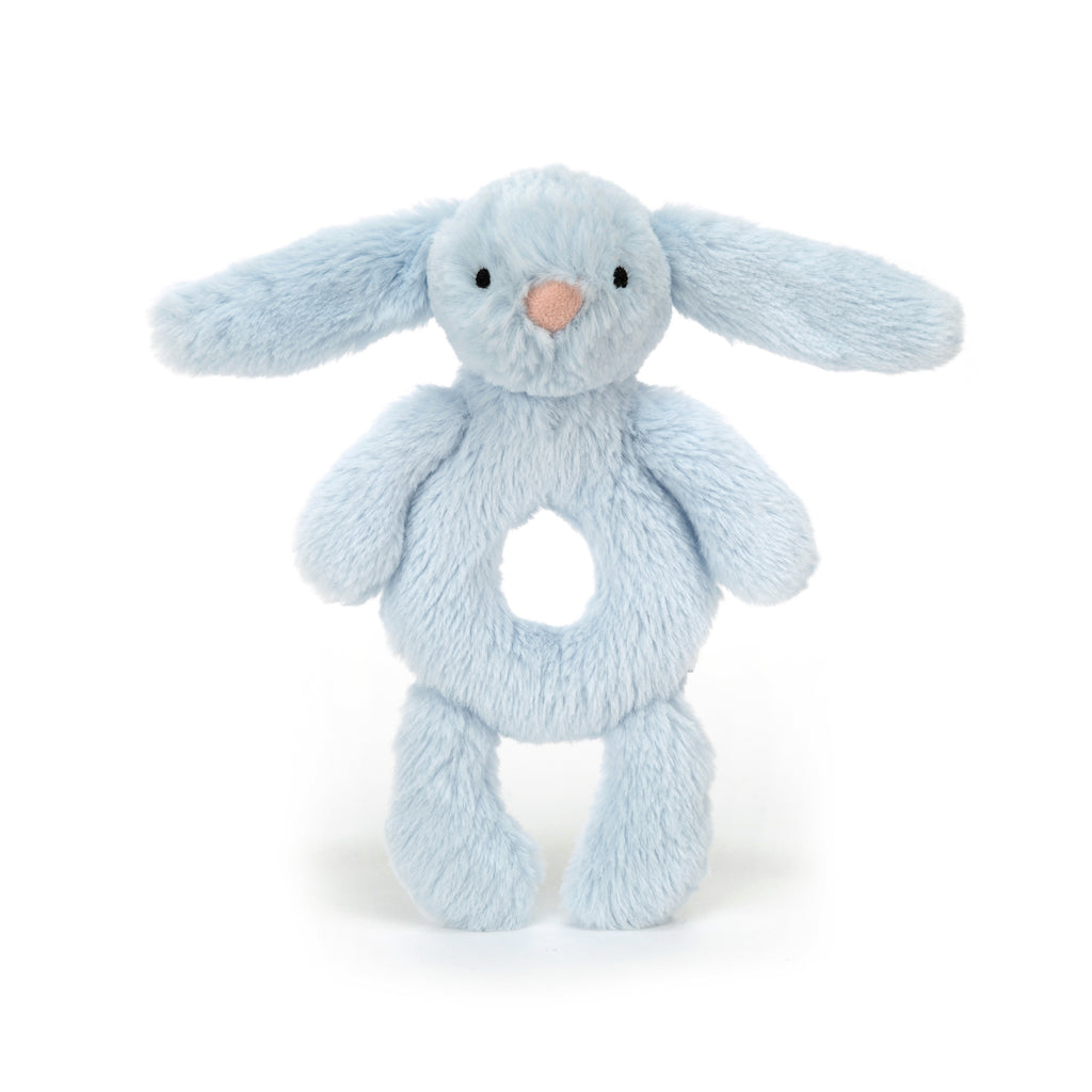 Front of Bashful Blue Bunny Ring Rattle.