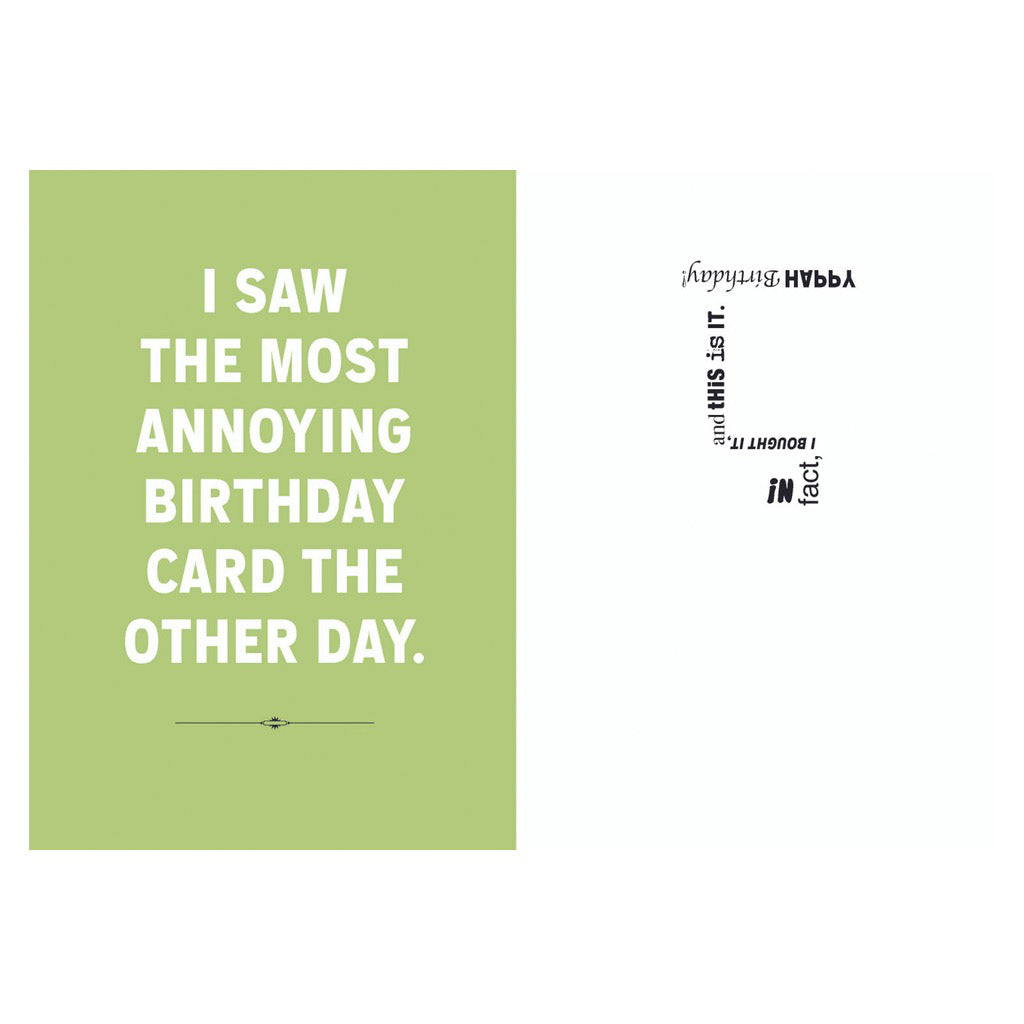 Most Annoying Birthday Card front and back.