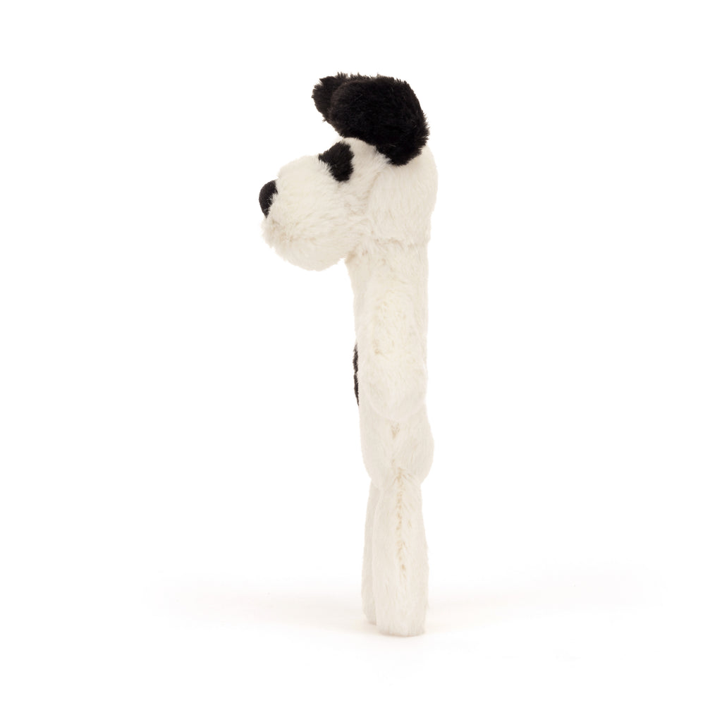 Side of Bashful Black and Cream Puppy Ring Rattle.