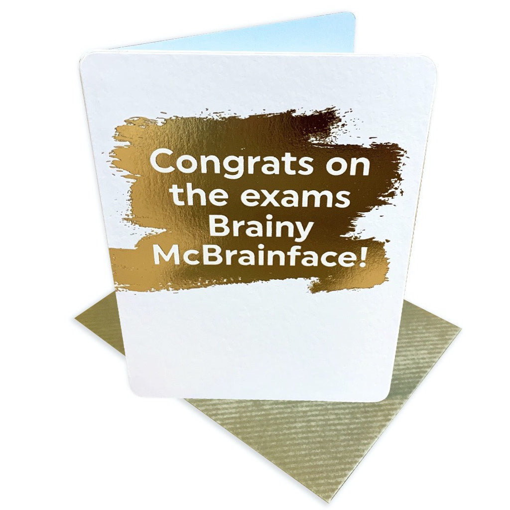 Brainy McBrainface Exam Congrats Card