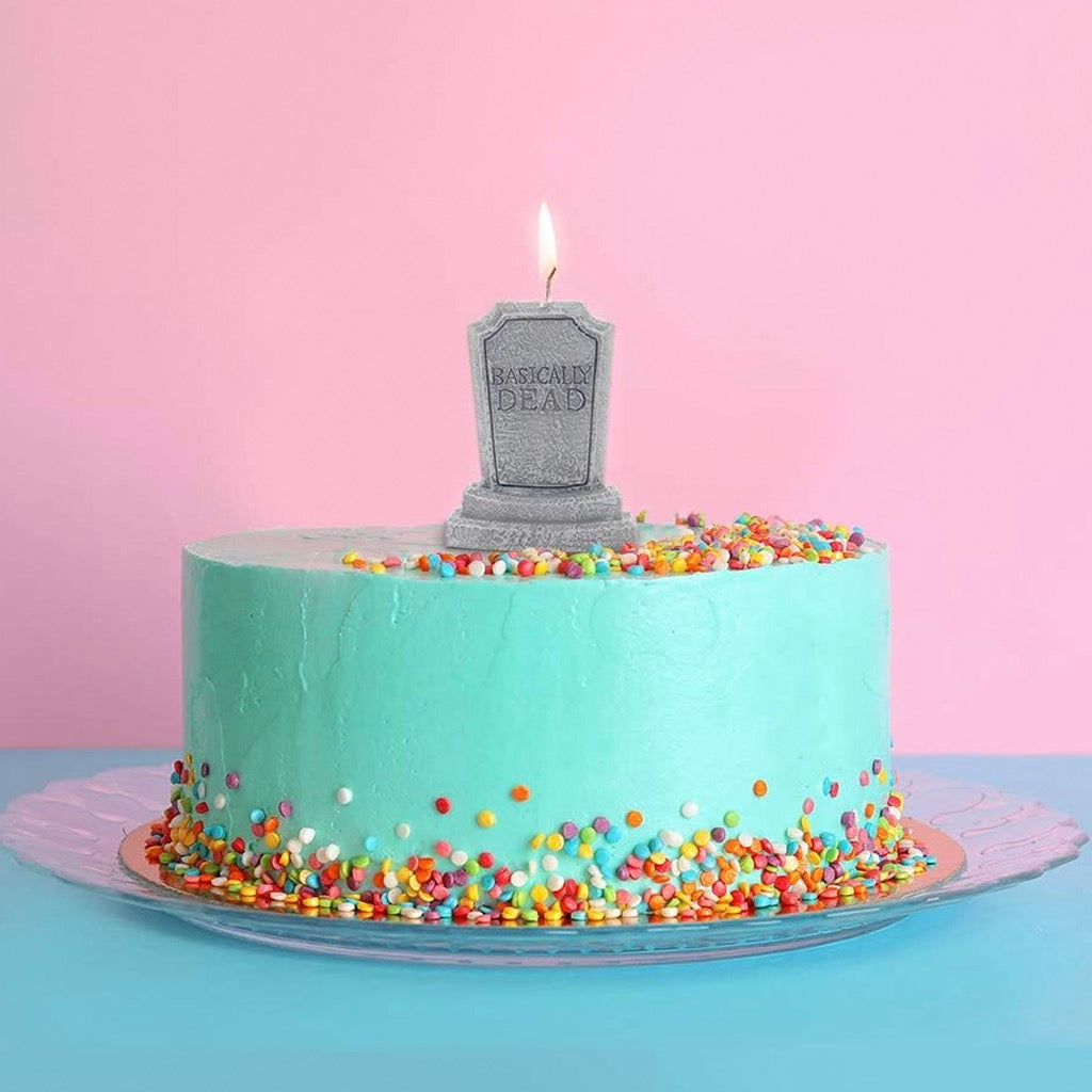 Basically Dead Birthday Cake Candle on cake.