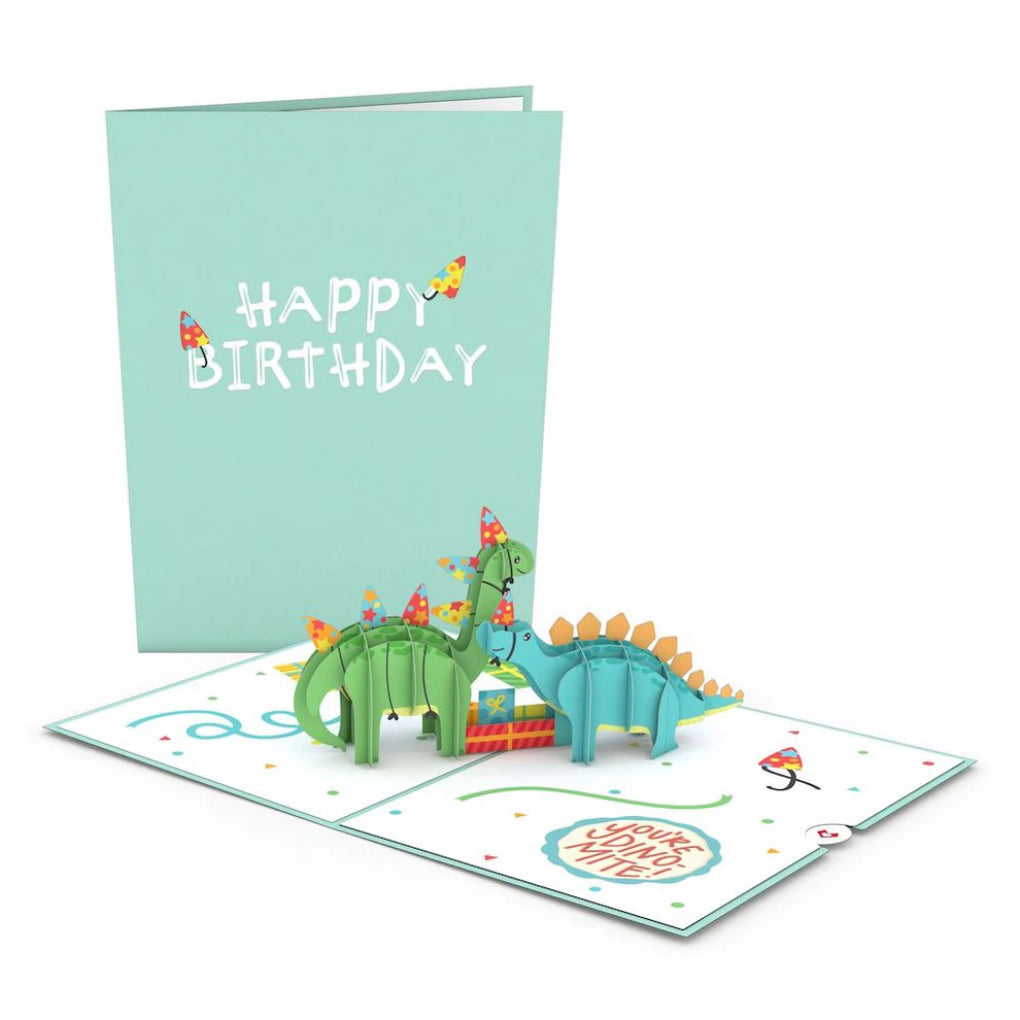 Birthday Dinosaurs Pop-Up Card open and closed.