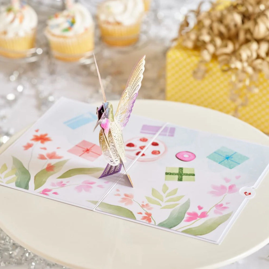 Birthday Hummingbird Pop-Up Card on table.