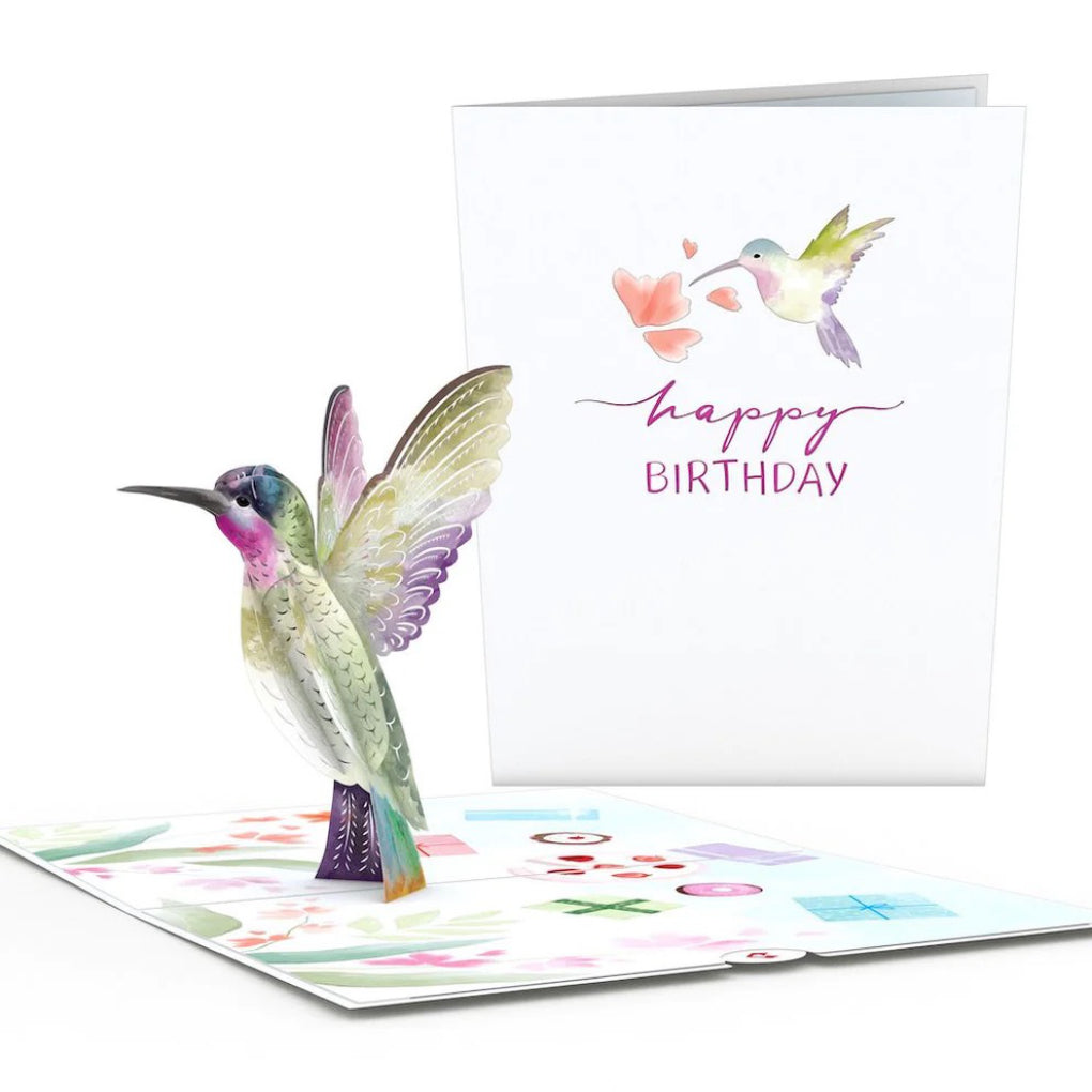 Birthday Hummingbird Pop-Up Card open and closed.