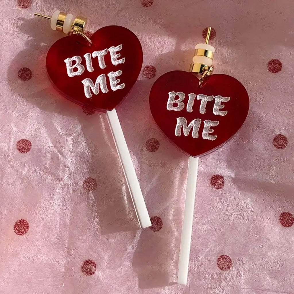 Bite Me Heart Lollipop Earrings.