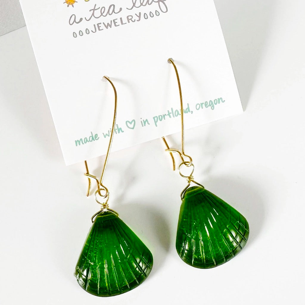 Earrings with Vintage Cockle Seashell Green Lucite Beads.