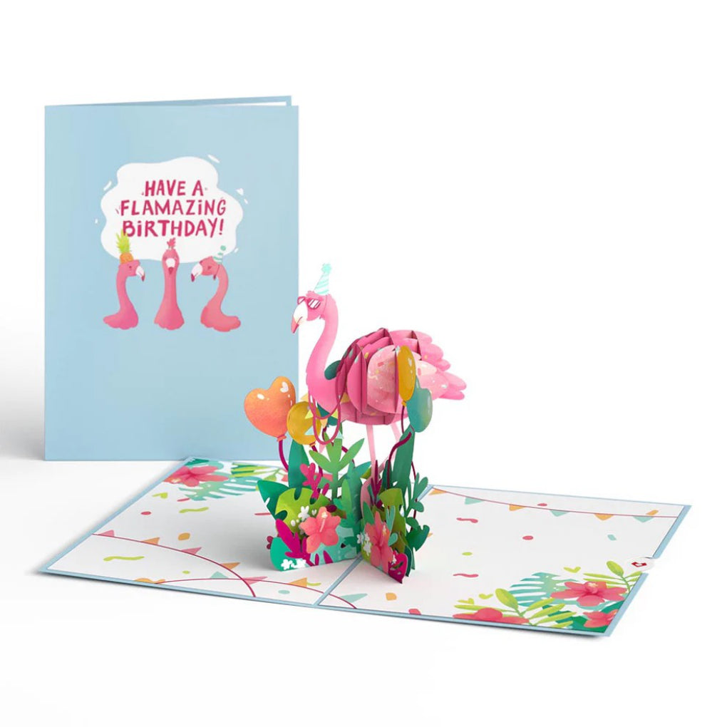 Flamazing Birthday Flamingo Pop-Up Card open and closed.