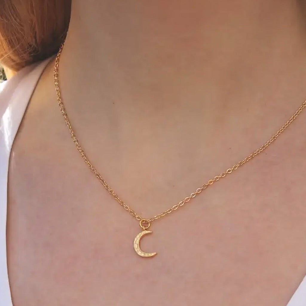 Hammered Crescent Moon Necklace Person wearing.