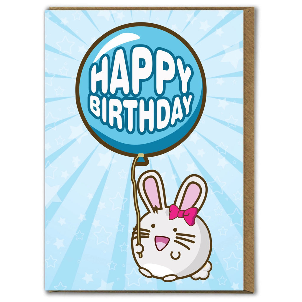 Kawaii Happy Birthday Bunny with Balloon Card.