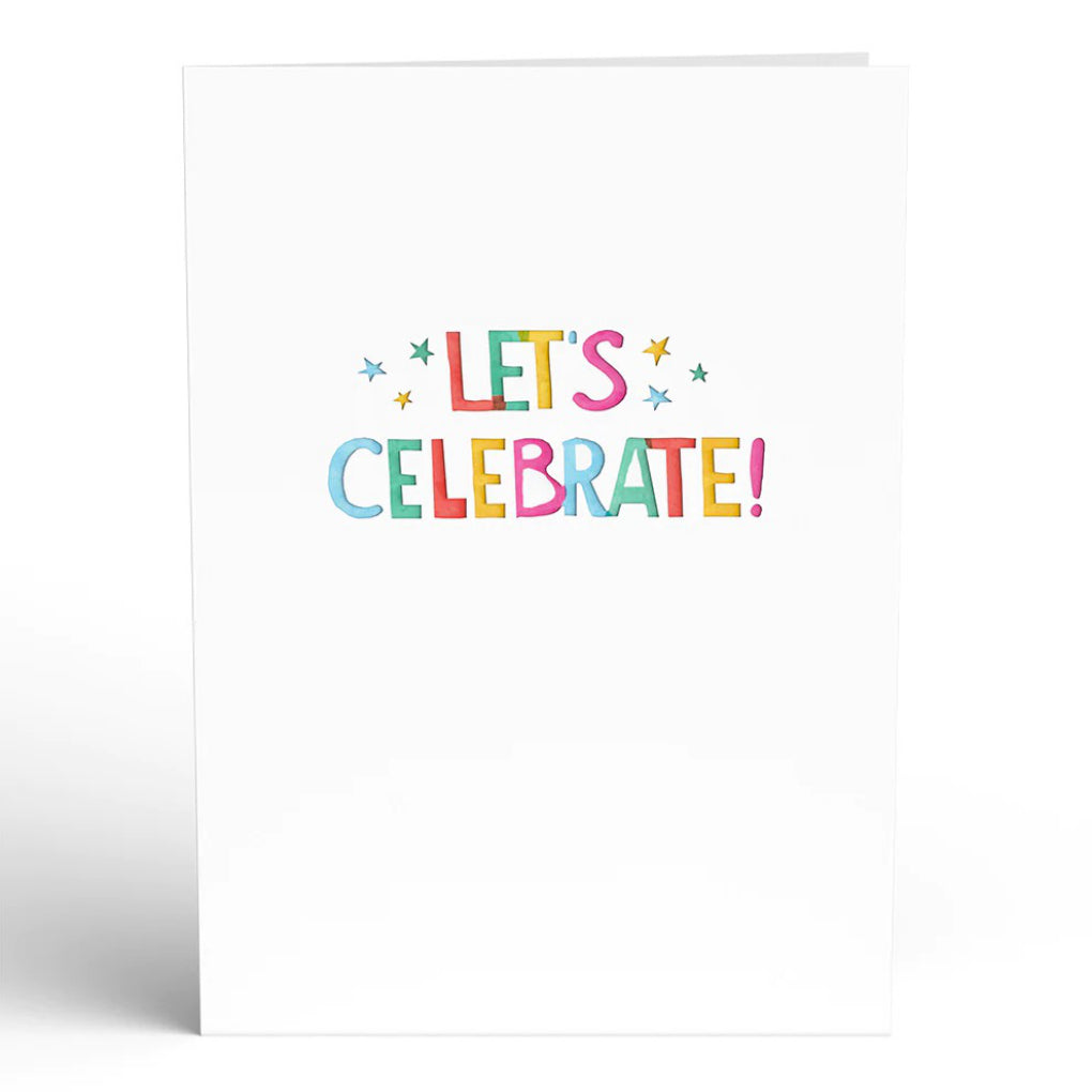 Let's Celebrate Birthday Pop-Up Card front view.