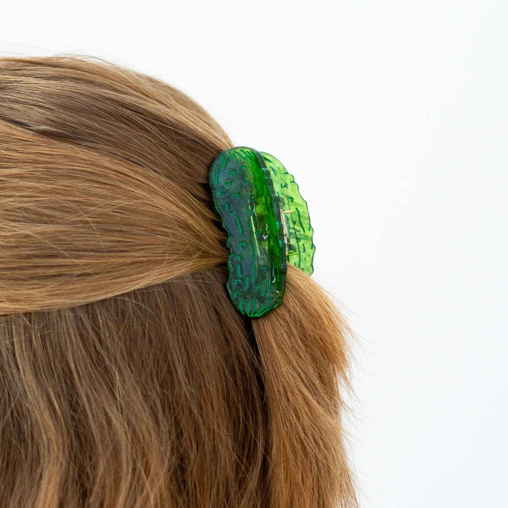 Mini Pickle Hair Claw in hair.