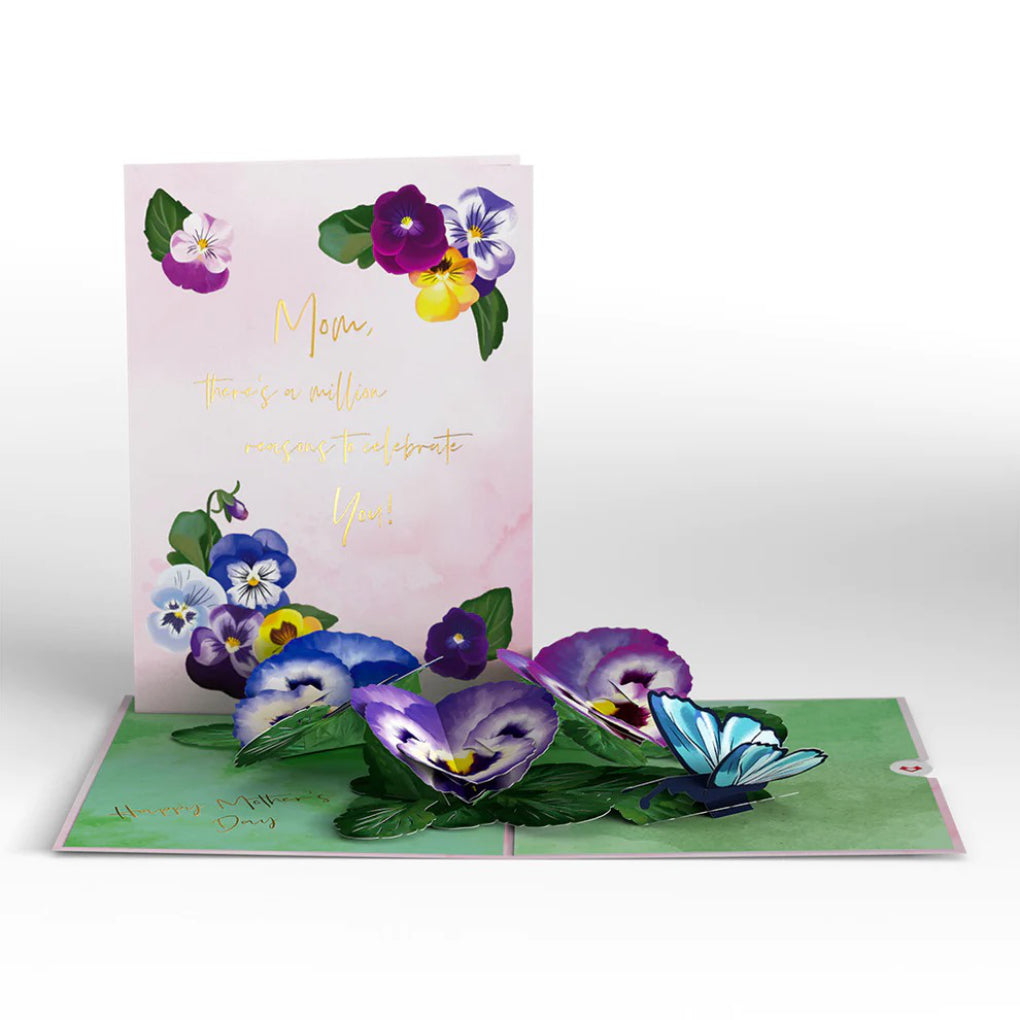 Mother's Day Pansies Pop-Up Card open and closed.