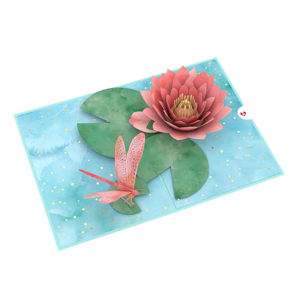 Open view of Water Lily Dragonfly Pop-Up Card.