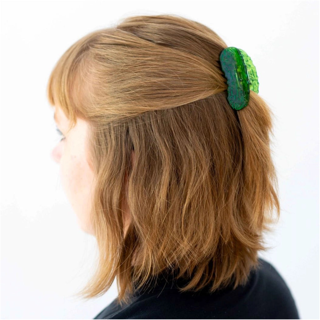 Person wearing Mini Pickle Hair Claw.