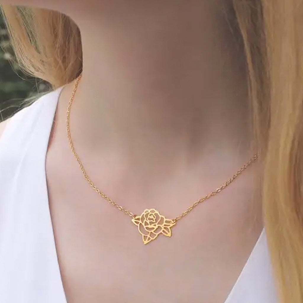 Person wearing Rose Outline Necklace.