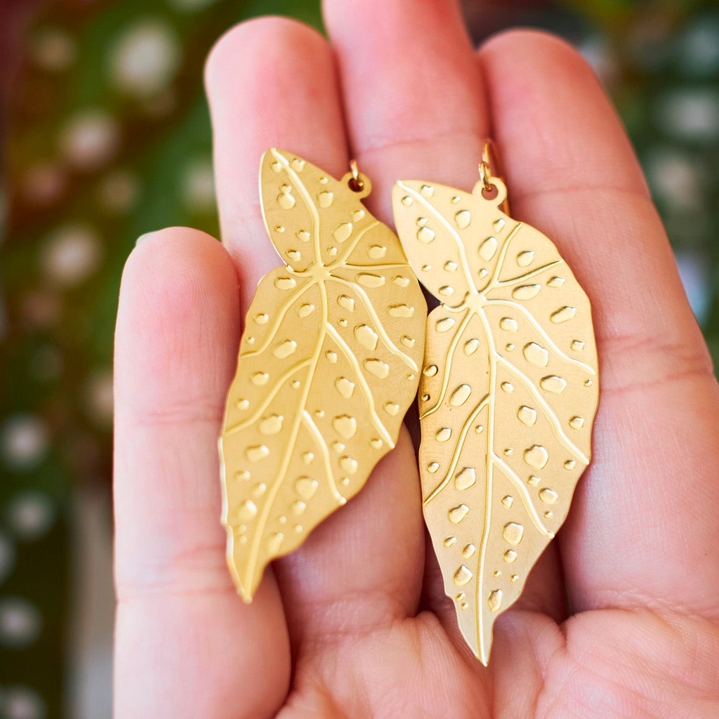 Polka Dot Begonia Leaf Earrings Gold / Short Ear Wires.