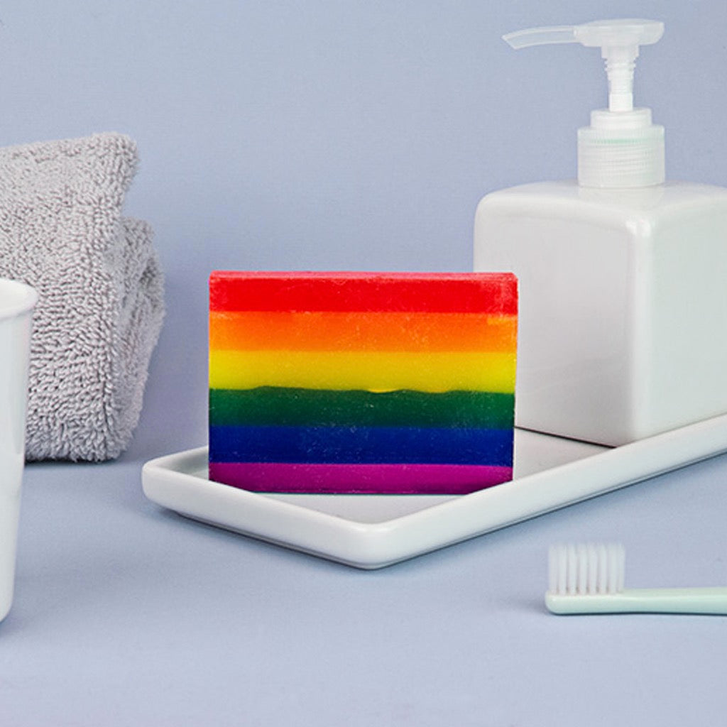 Rainbow Soap on counter.