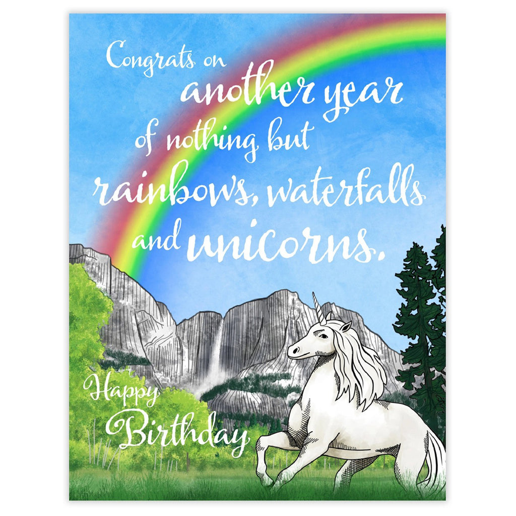 Rainbows, Waterfalls, Unicorns Birthday Card.