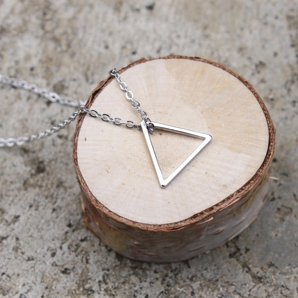 Silver Little Triangle Necklace close up.