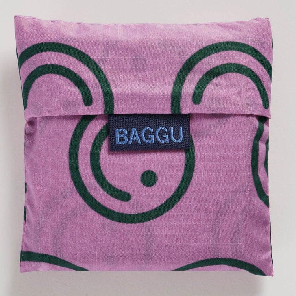 Standard Baggu Raspberry Smiley Face folded.
