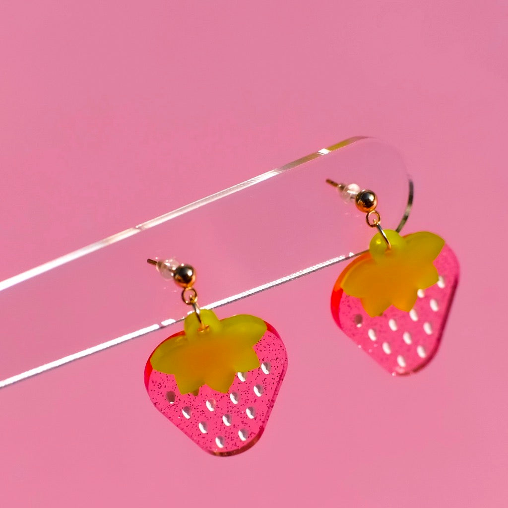 Strawberry Glitter Earrings on display.