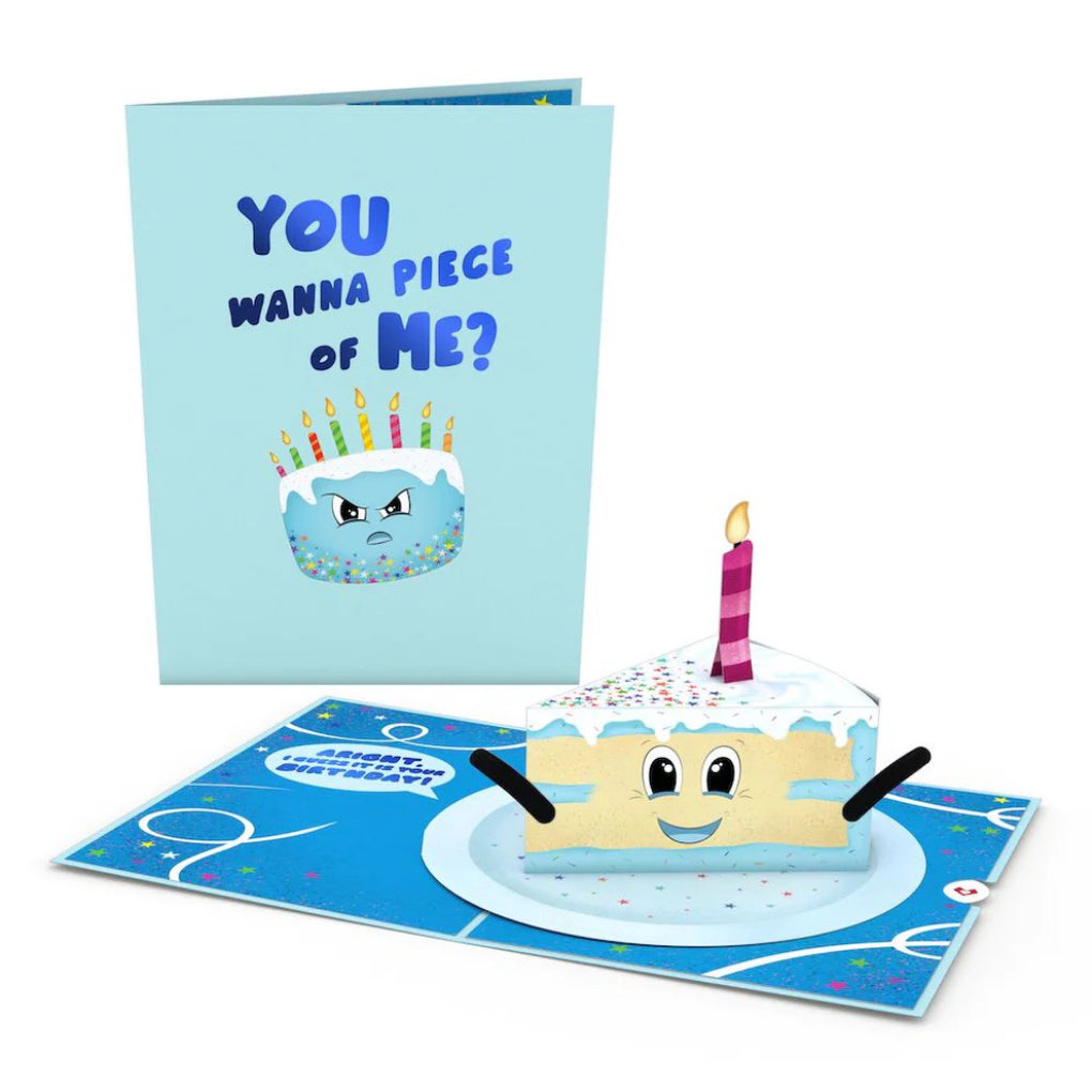 Whimsical Birthday Cake Slice Pop-Up Card open and closed.