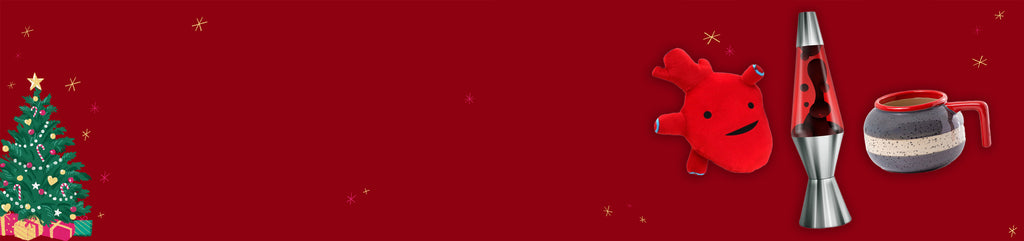 Decorative banner with Christmas tree, red plush toy, lava lamp, and teapot on a red background.