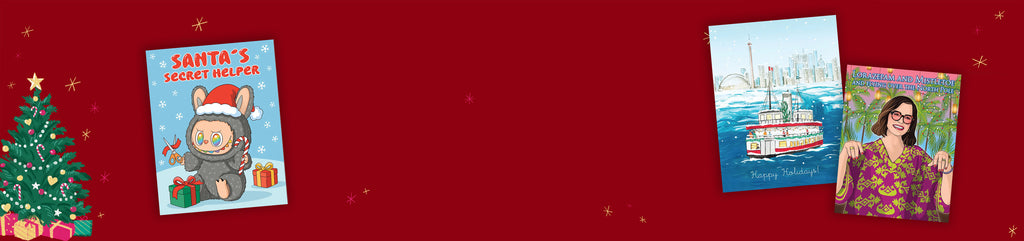 Christmas cards on a red background.