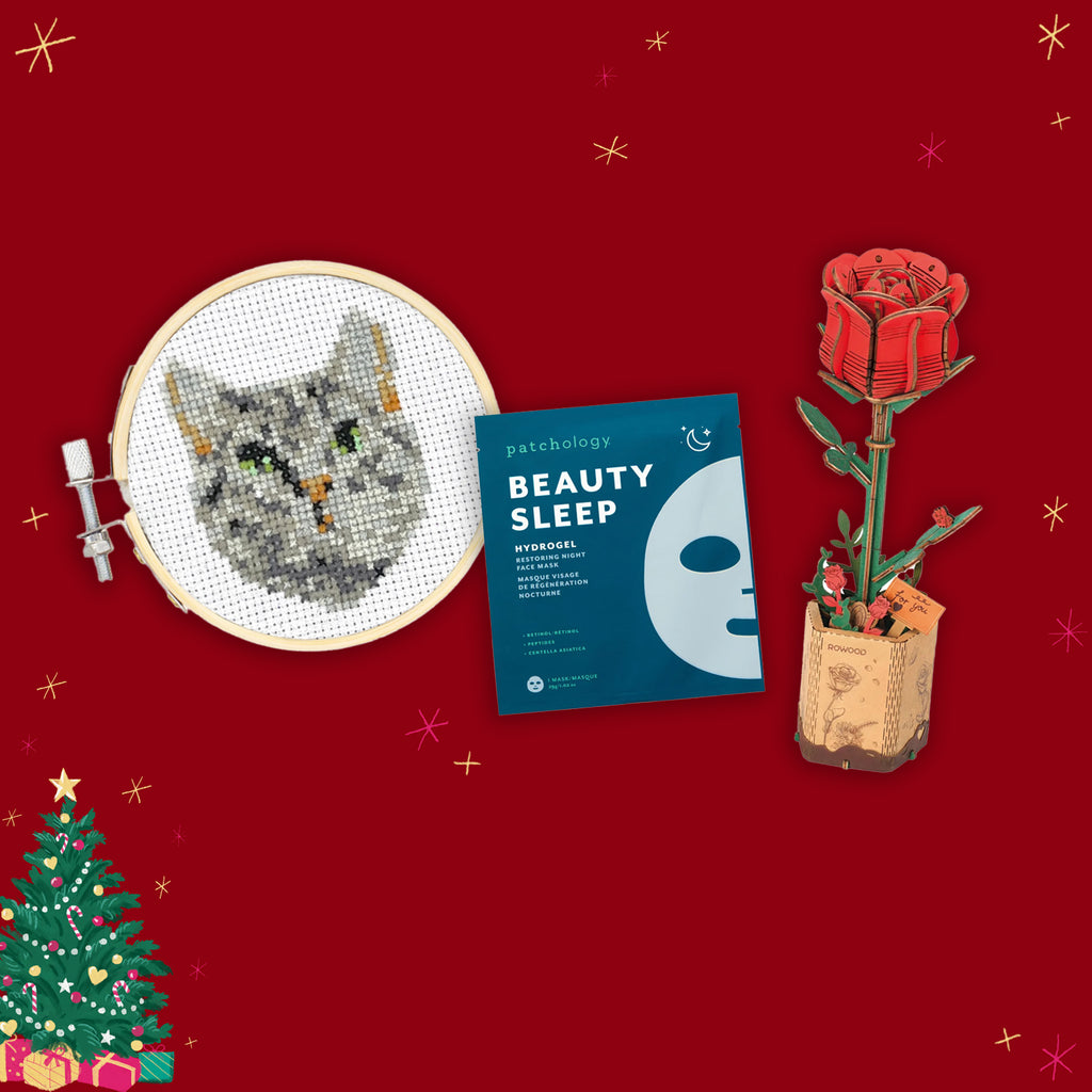 Embroidery hoop with cat design, 'Beauty Sleep' book, red rose, and Christmas tree on a red background.