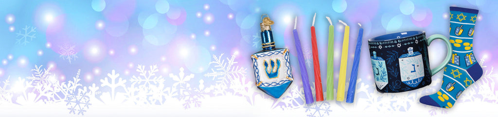 Hanukkah-themed products including candles, a mug, and socks on a festive background.
