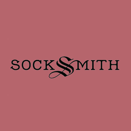 Socksmith logo on reddish background.