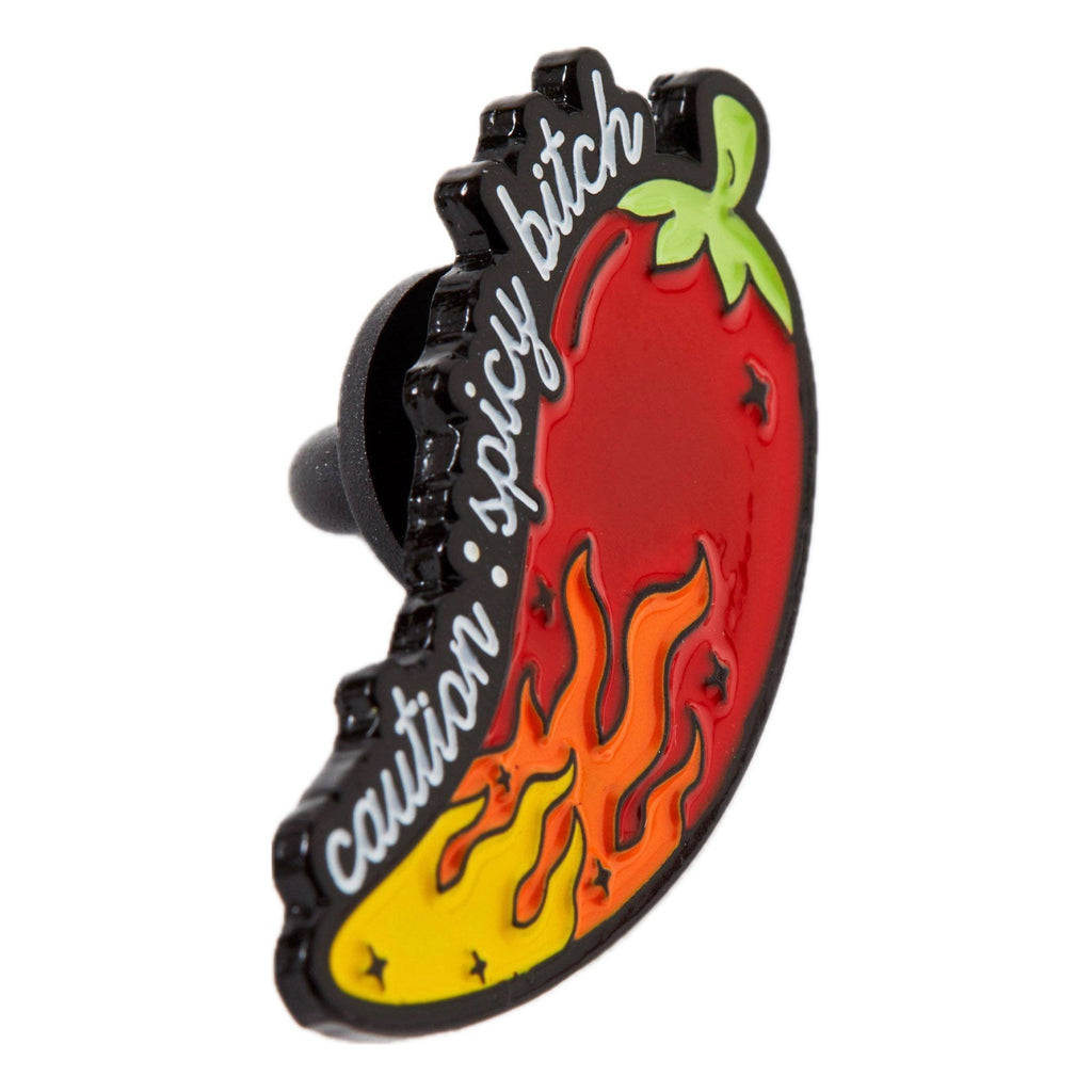 Angle view of Caution: Spicy Bitch Enamel Pin.