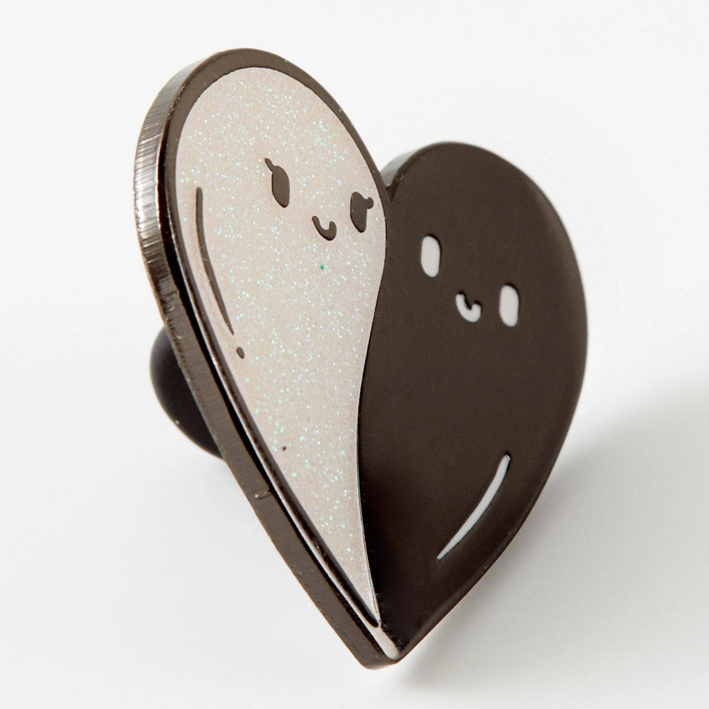 Angle view of Heart Ghosts Grey Enamel Pin.