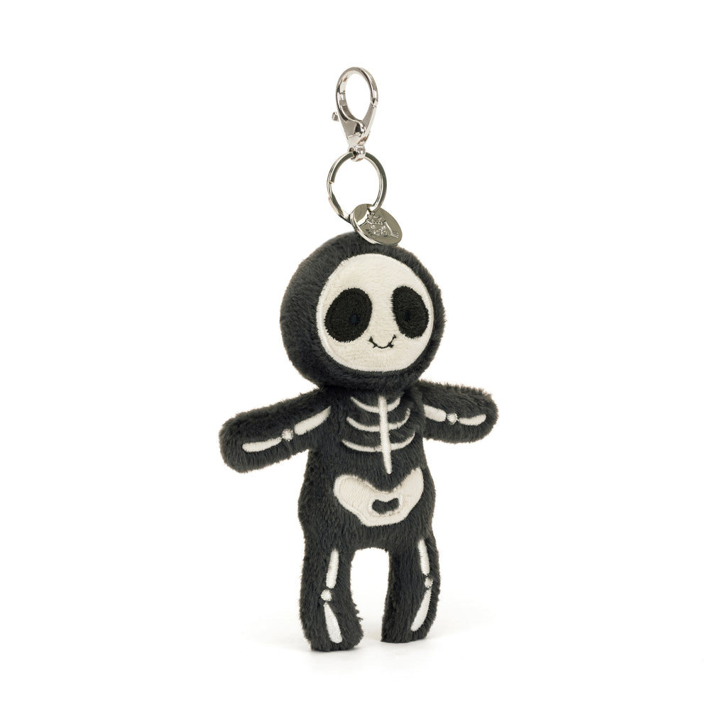 Angle view of Jellycat Skeleton Bob Bag Charm.