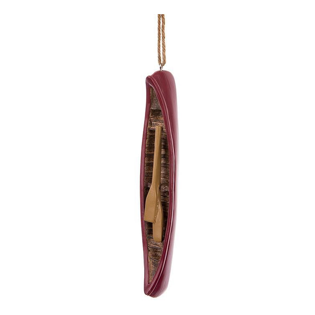 Angle view of Red Canoe With Paddle Ornament.