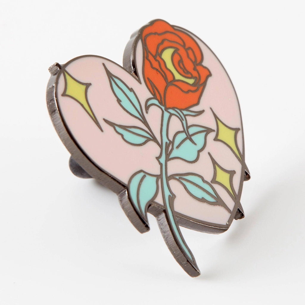 Angle view of Rose In Heart Enamel Pin.