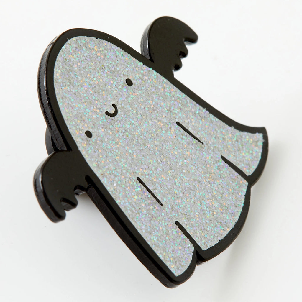 Angle view of Sparkle Ghost Enamel Pin.