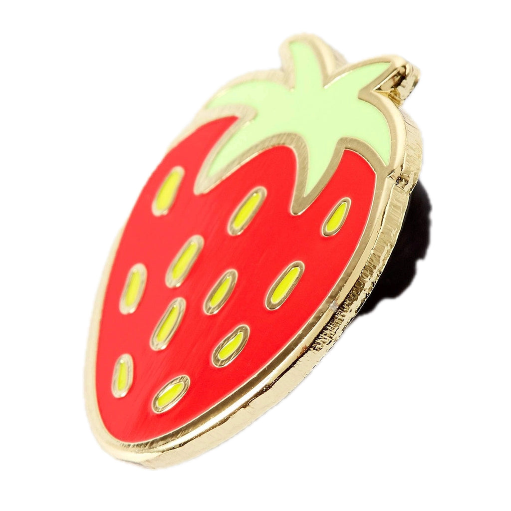 Angle view of Strawberry Enamel Pin.