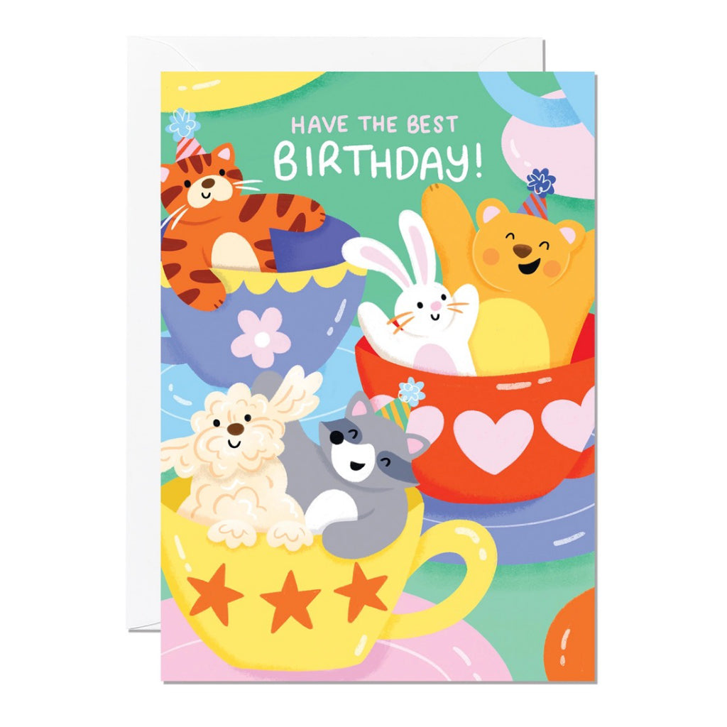 Animals In Teacups Birthday Card.