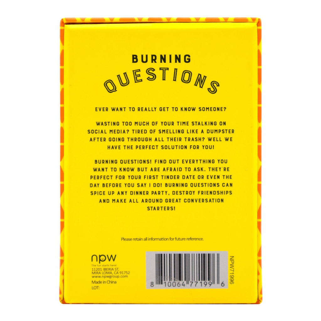 Back of Burning Questions Card Game.