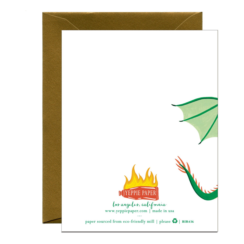 Back of Fiery Flying Dragons Mythical Birthday Card.