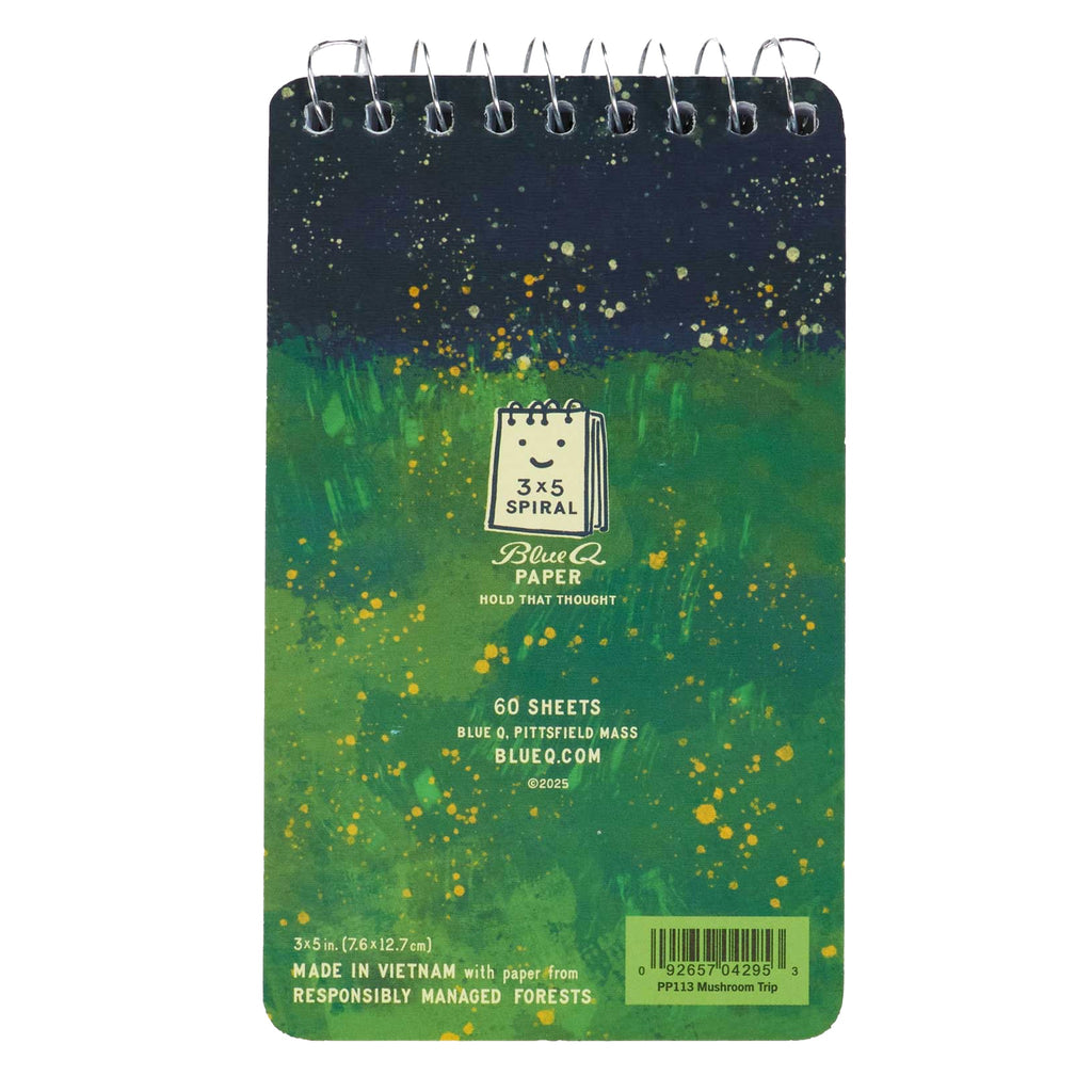 Back of Mushroom Trip Spiral Notebook.