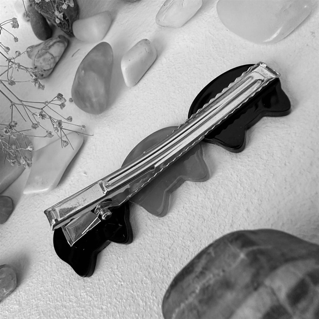 Back of Triple Cat Face Hair Clips Black.