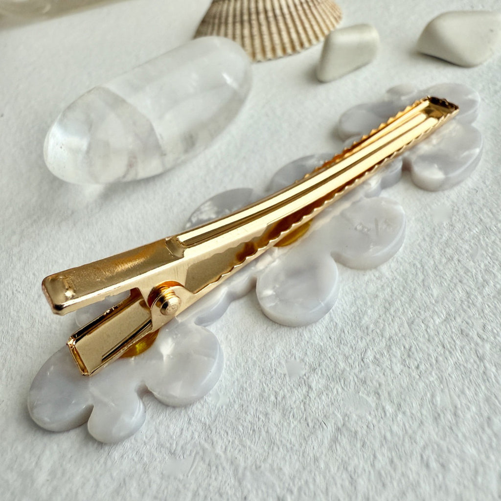 Back of Triple Flower Duckbill Hair Clip White.