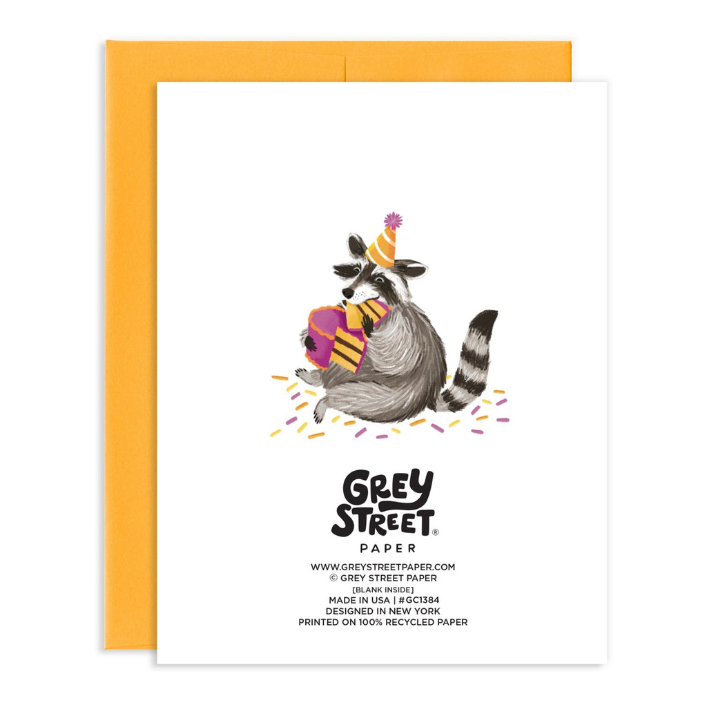 Back of Whole Cake Raccoon Greeting Card.
