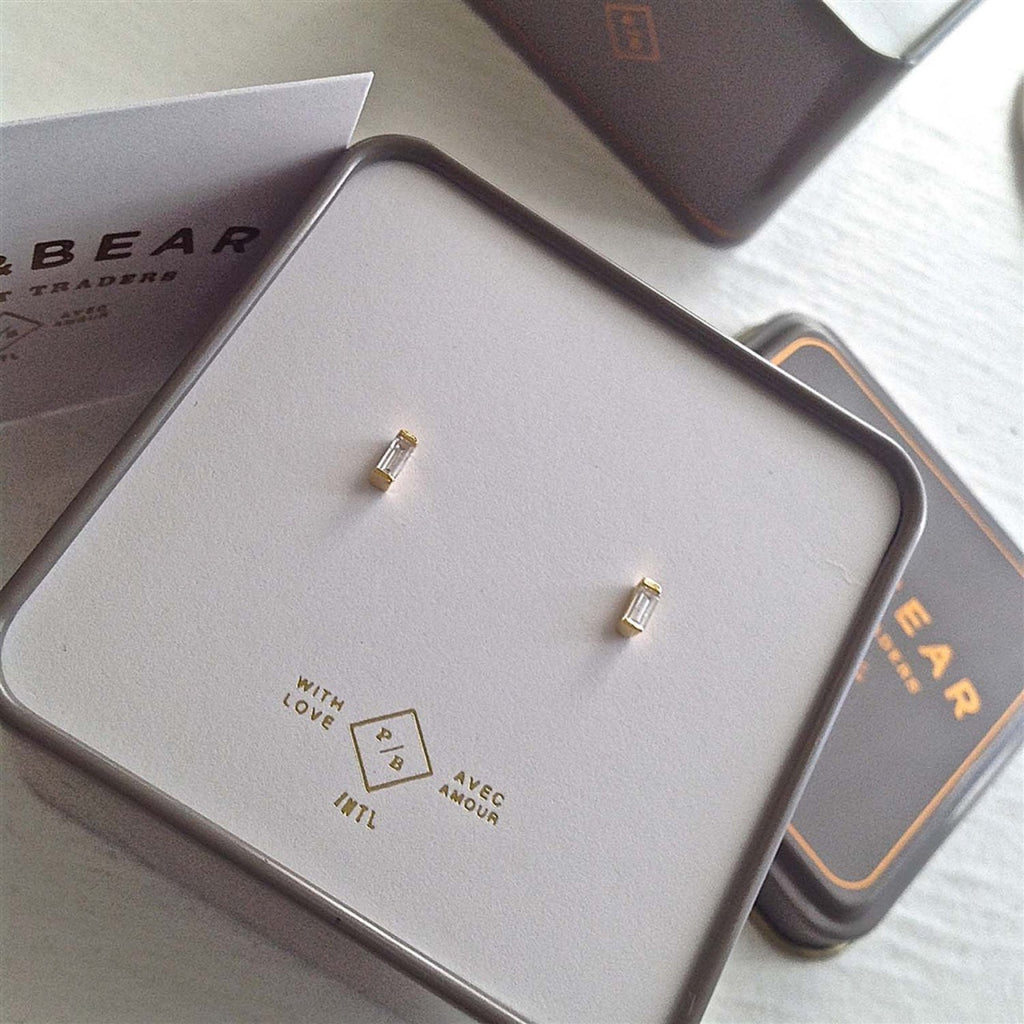 Baguette Crystal Stud Earrings Gold packaging.
