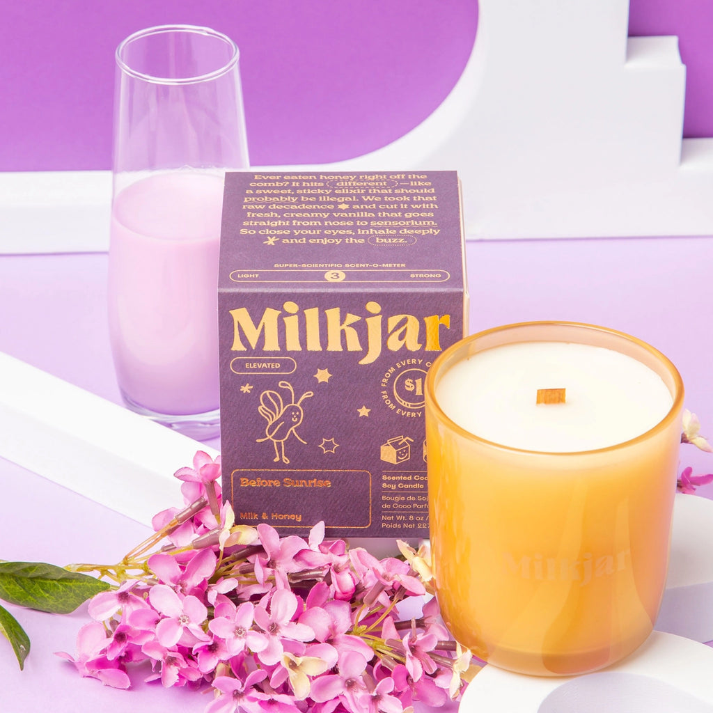 Before Sunrise - Milk & Honey Coconut Soy 8oz Candle on table.