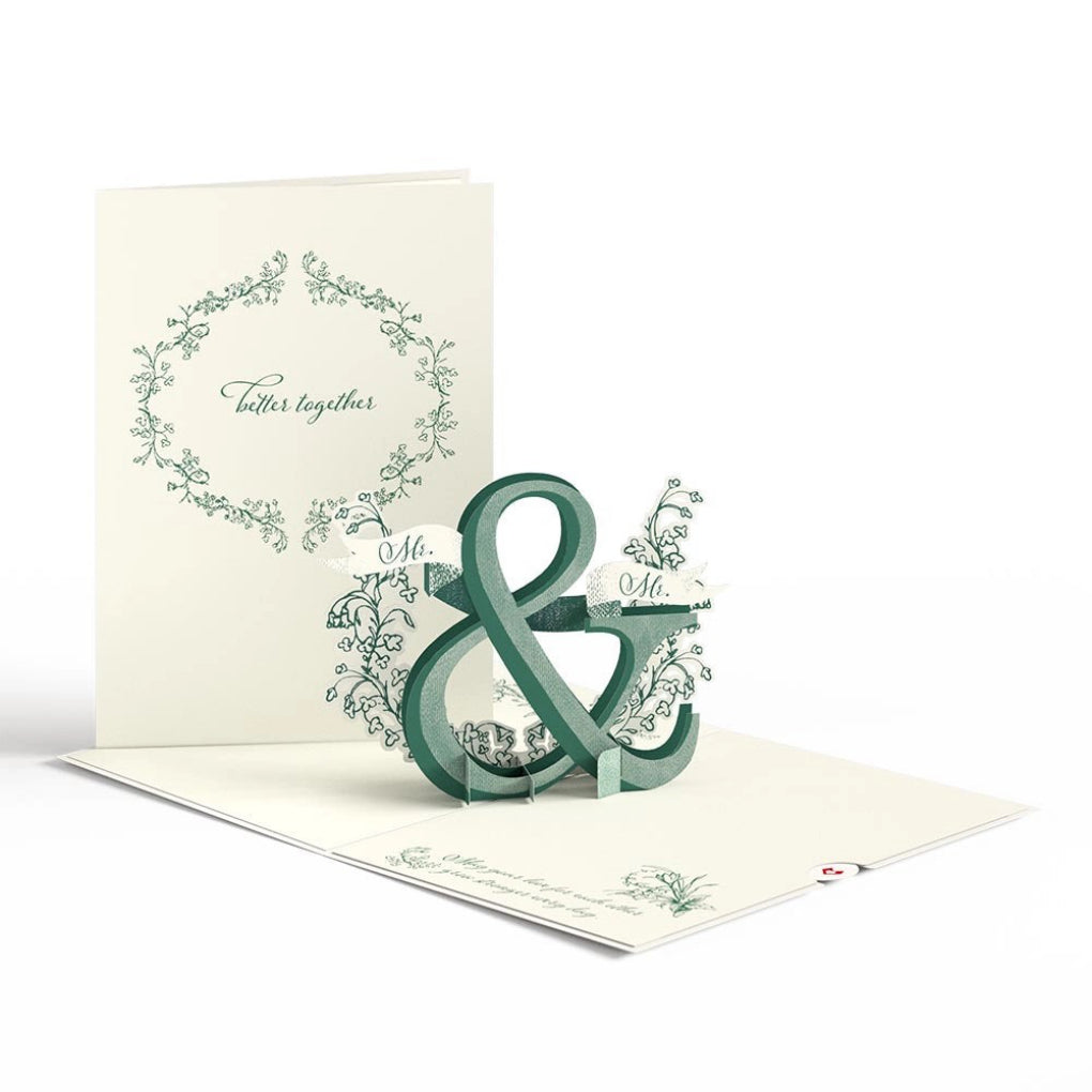 Better Together Mr. & Mr. Wedding Pop-Up Card front and opened.