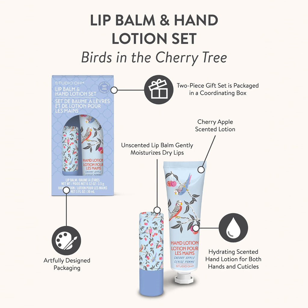 Birds In The Cherry Tree Lip Balm & Hand Lotion Set features.